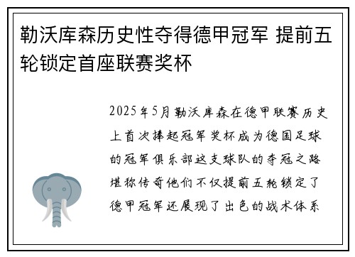 勒沃库森历史性夺得德甲冠军 提前五轮锁定首座联赛奖杯 勒沃库森历史性夺得德甲冠军 提前五轮锁定首座联赛奖杯